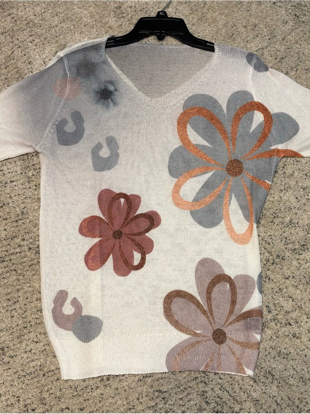 Lightweight Floral Knit Top - Cream with Pink & Gray Flowers